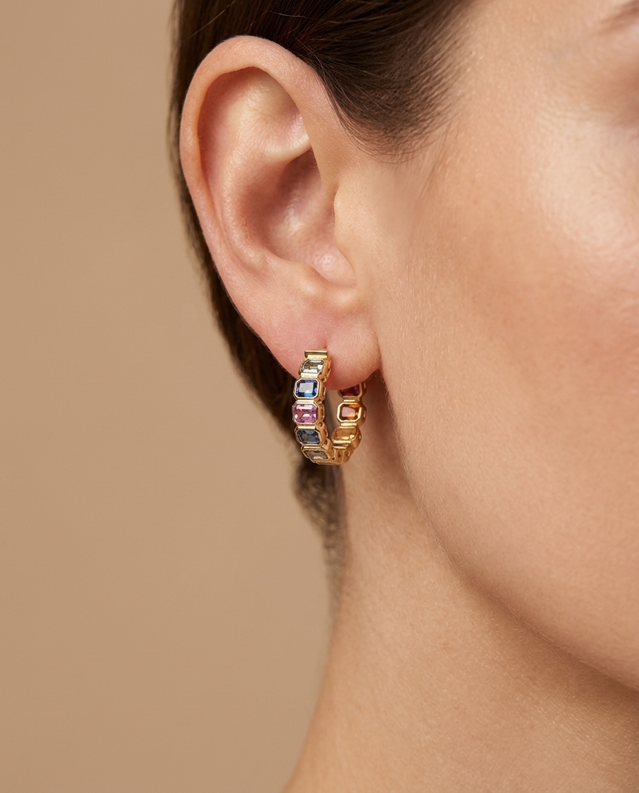 14KT Gold Multi Sapphire Hoop Earring (20 MM) on model