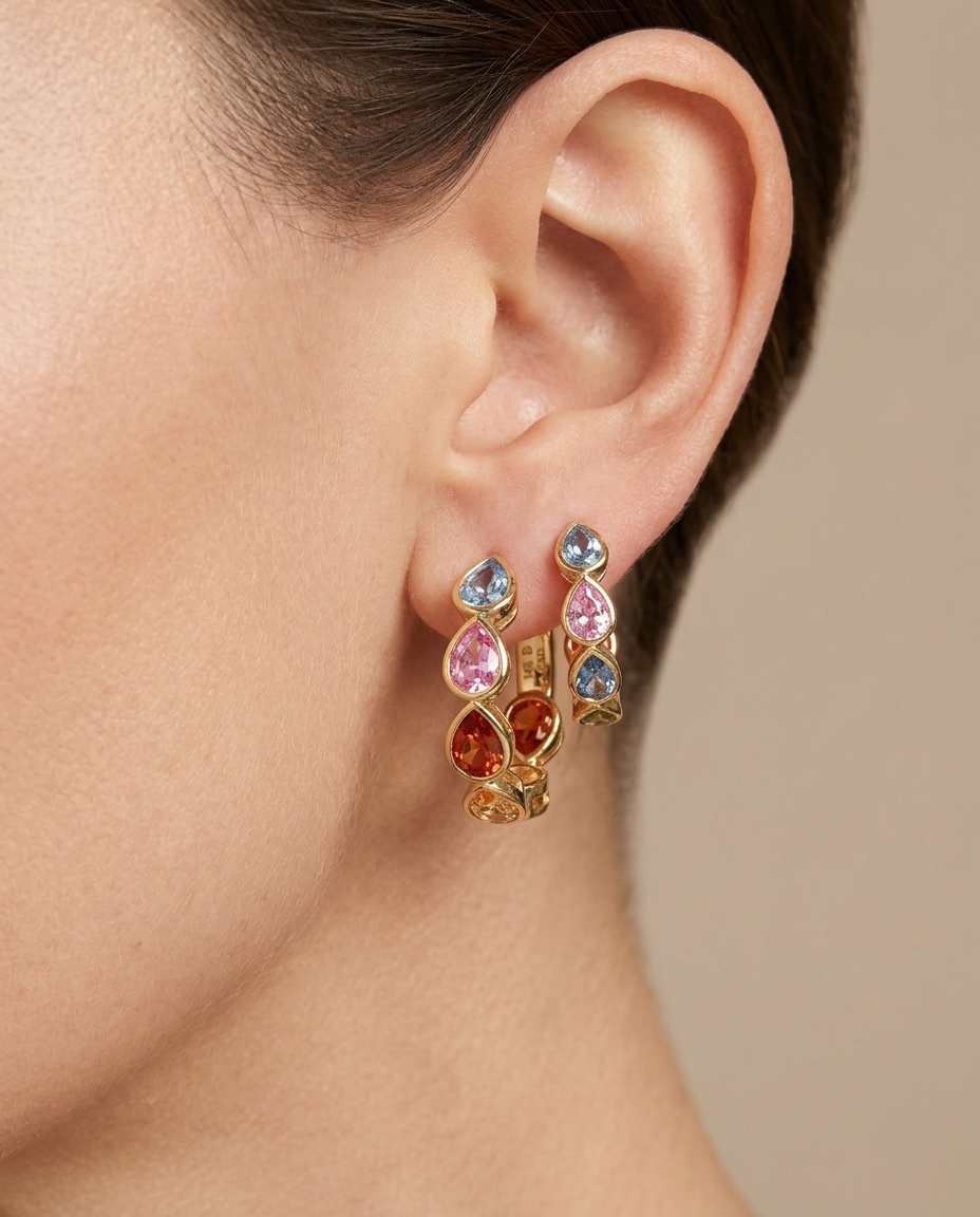 14KT Yellow Gold Multi Sapphire Pear Hoop Earring (20 MM) on model
