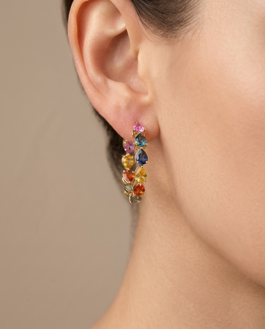 14KT Yellow Gold Multi Sapphire Hoop Earring on model