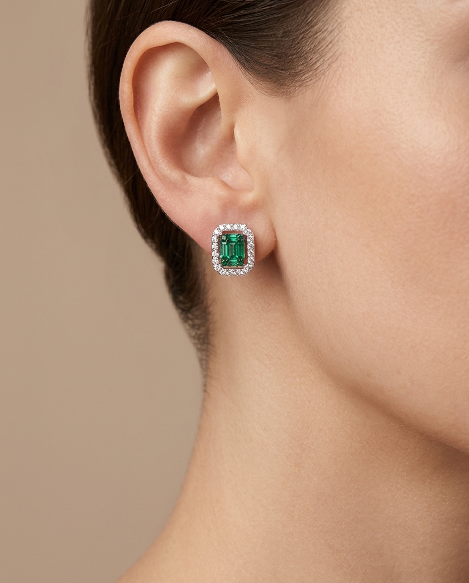18KT White Gold Emerald and Diamond Earring on model