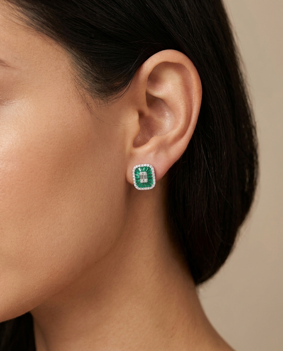 14KT White Gold Emerald and Diamonds Earring on model