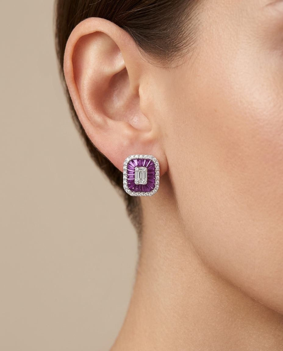14KT White Gold Ruby and Diamonds Earring on model