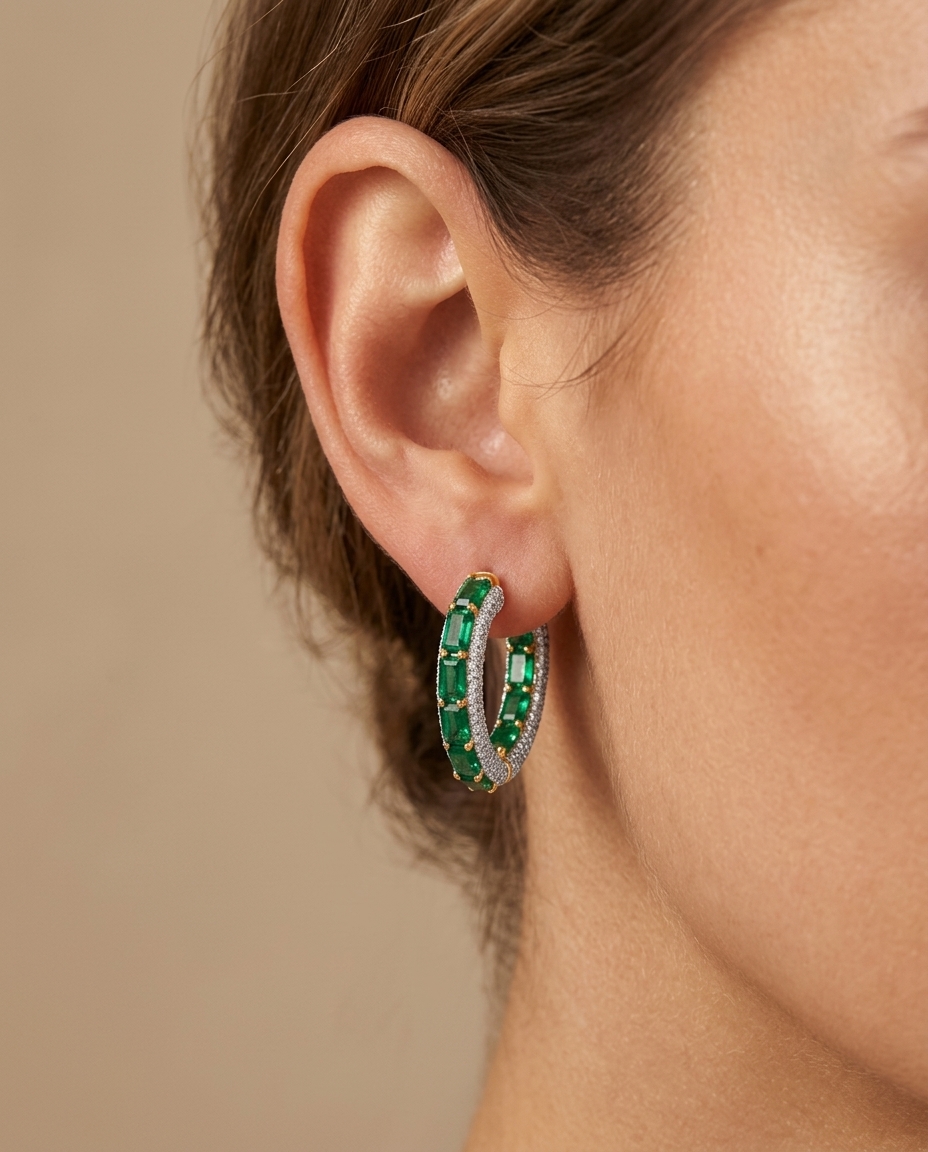 14KT Yellow Gold Emerald and Diamonds Hoop Earring view 2