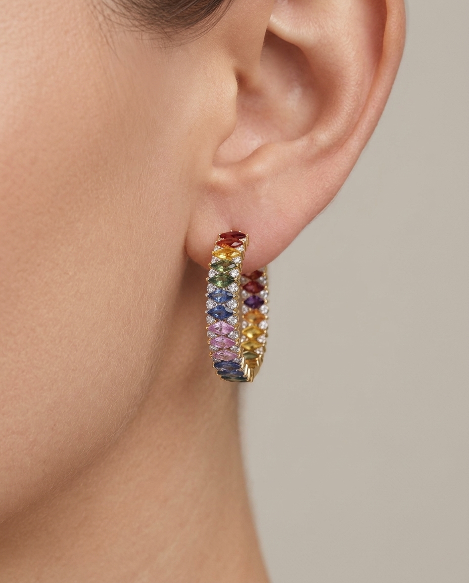 14KT Yellow Gold Multi Sapphire and Diamonds Hoop Earring on model