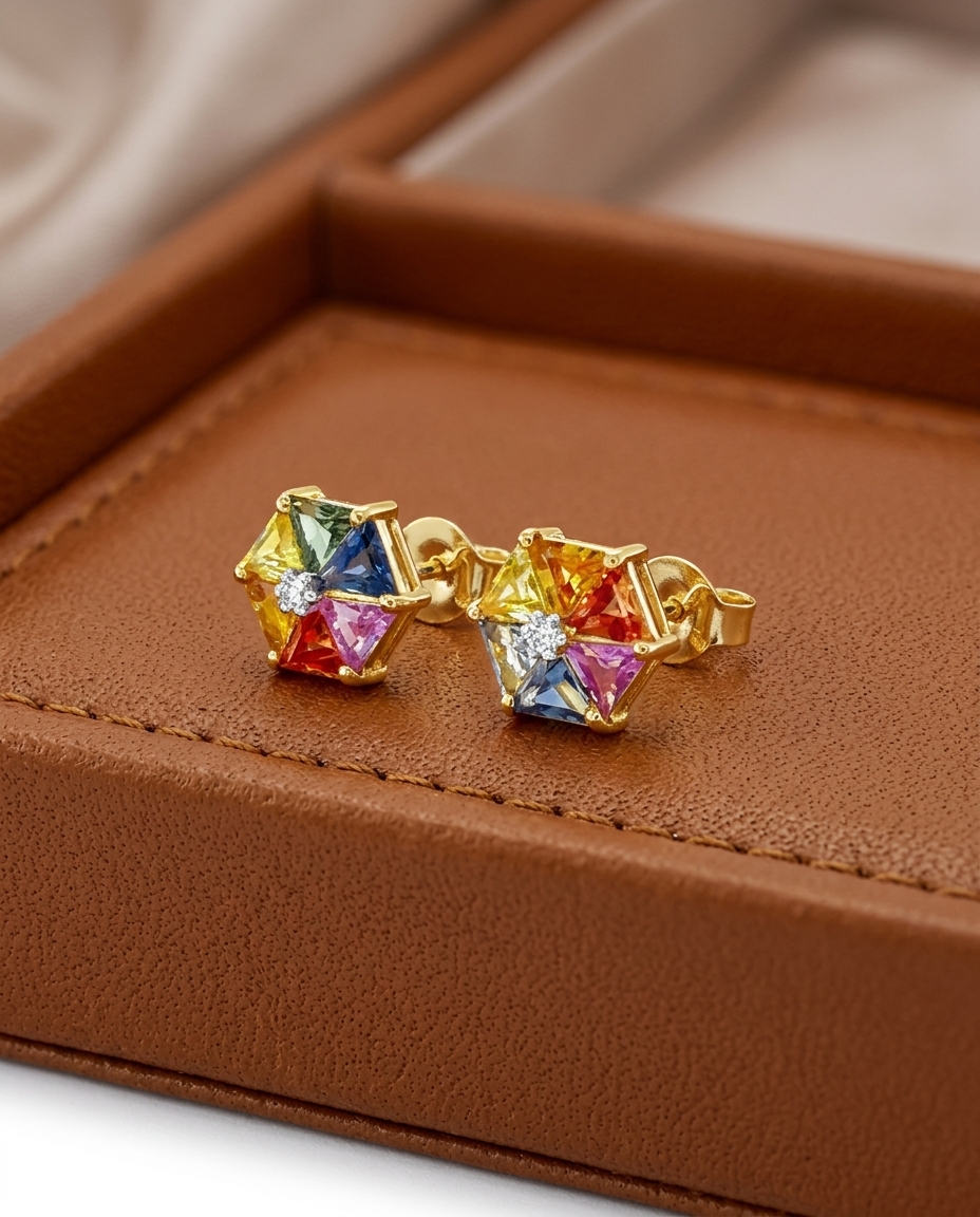 14KT Yellow Gold Multi Sapphire and Diamonds Earring on model