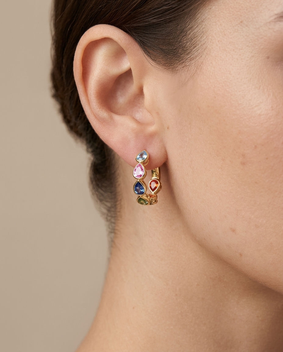 14KT Yellow Gold Multi Sapphire Pear Hoop Earring (20 MM) view 2