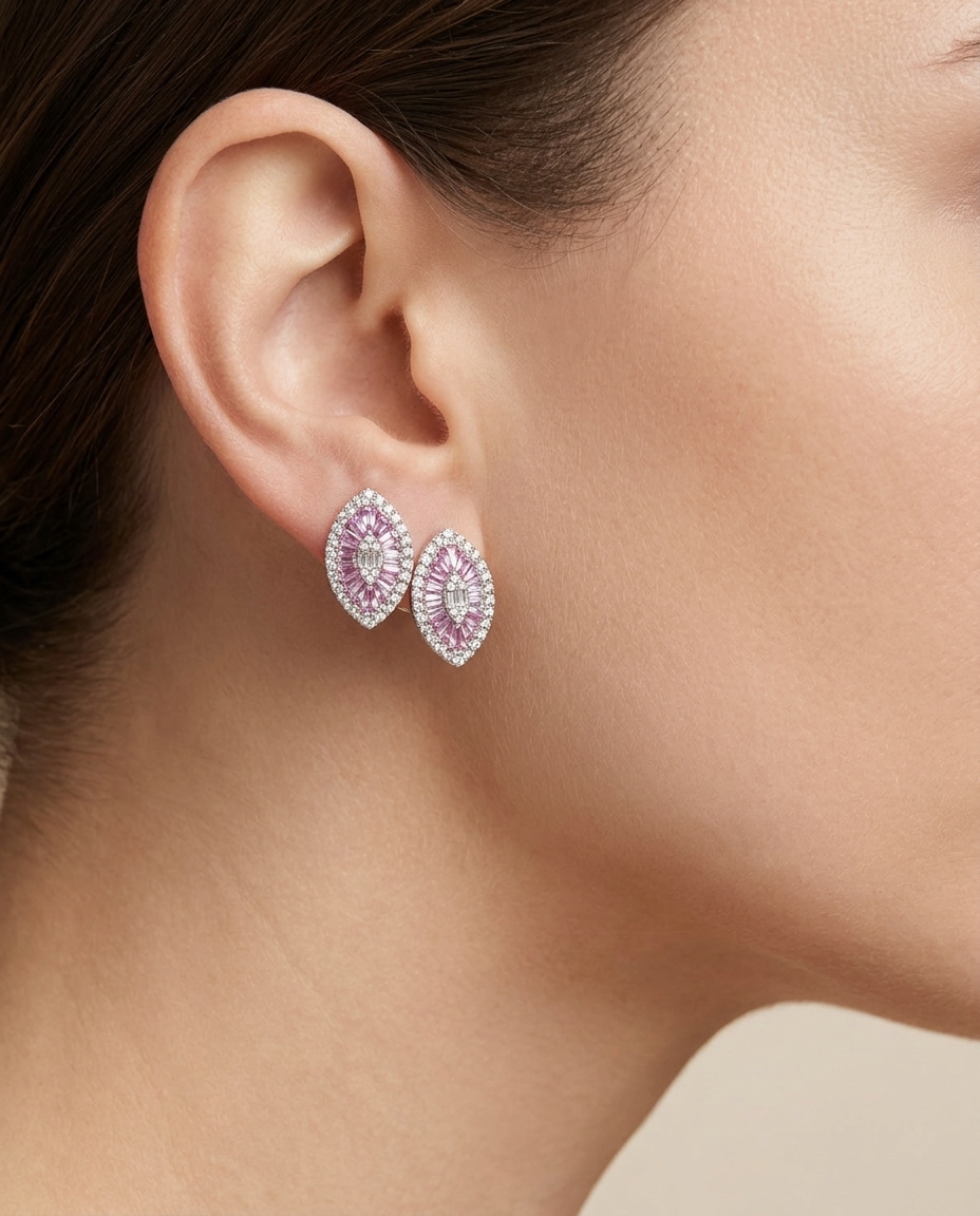 14KT White Gold Pink Sapphire and Diamonds Marquise Earring on model