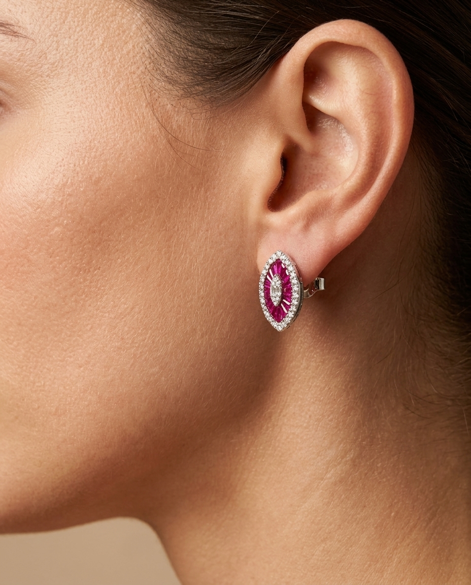 14KT White Gold Ruby and Diamonds Marquise Earring view 2
