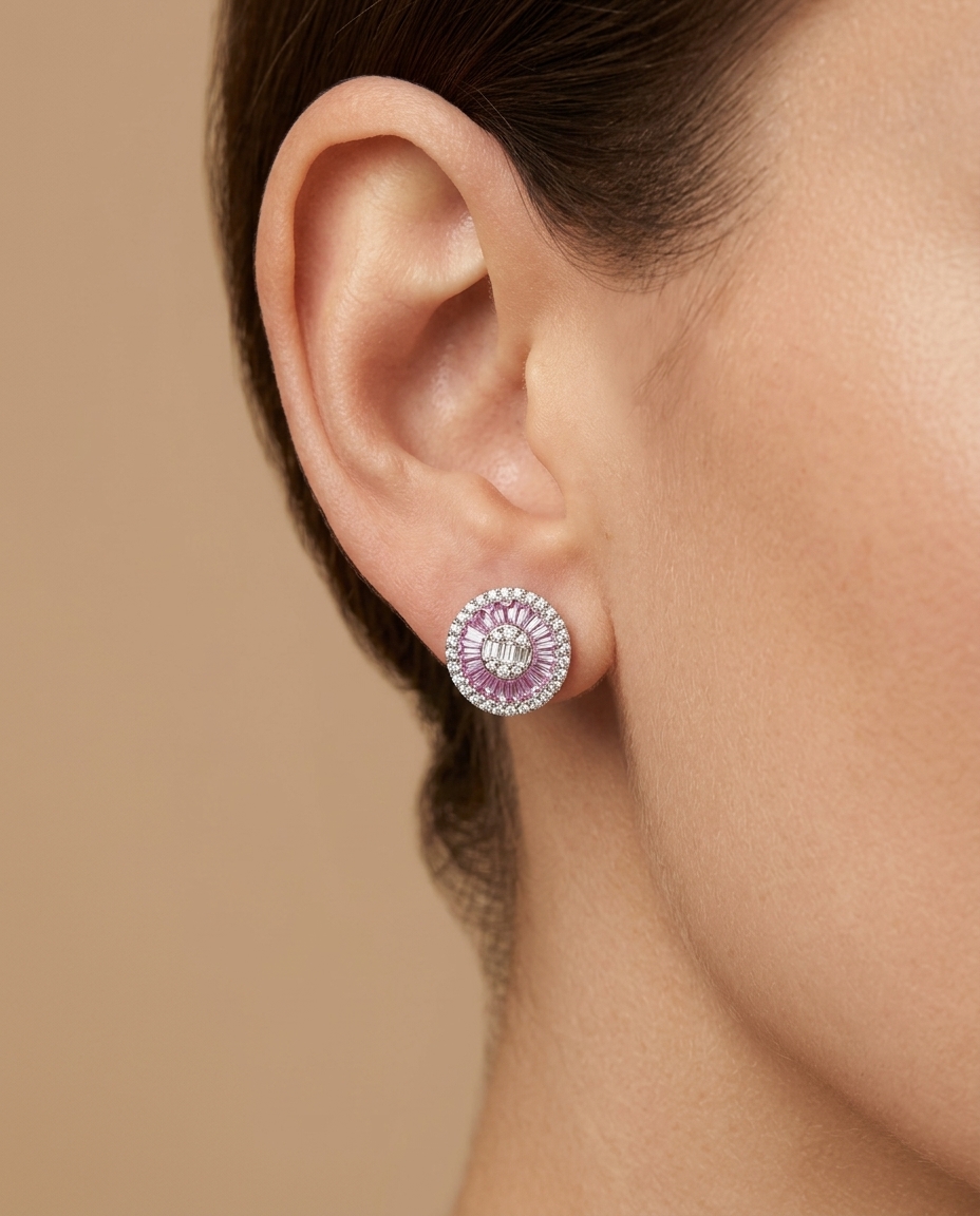 14KT White Gold Pink Sapphire and Diamonds Round Earings on model