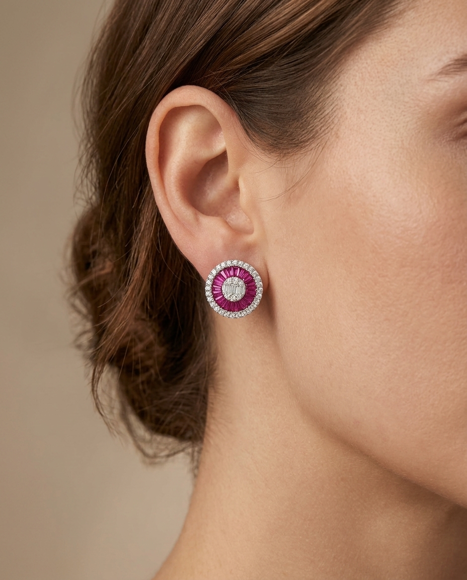 14KT White Gold Ruby and Diamonds Round Earings on model
