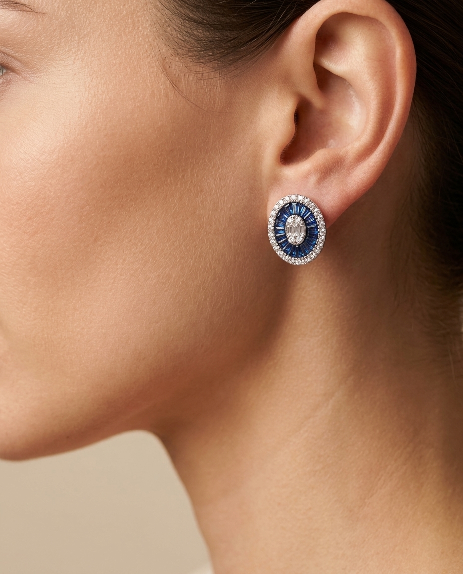 14KT White Gold Blue Sapphire and Diamonds Oval Earings view 2