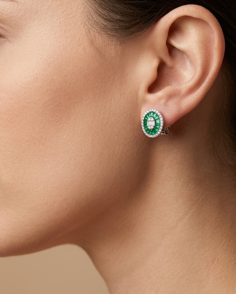 14KT White Gold Emerald and Diamonds Oval Earings on model