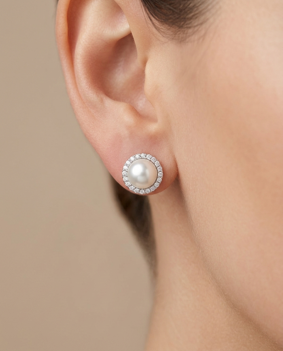 14KT White Gold Fresh Water Pearl and Diamond Earring on model