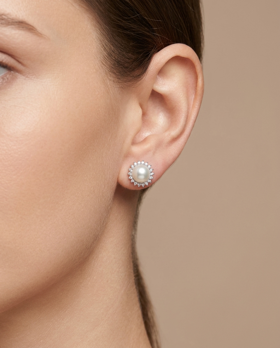14KT White Gold Fresh Water Pearl and Diamond Earring view 2