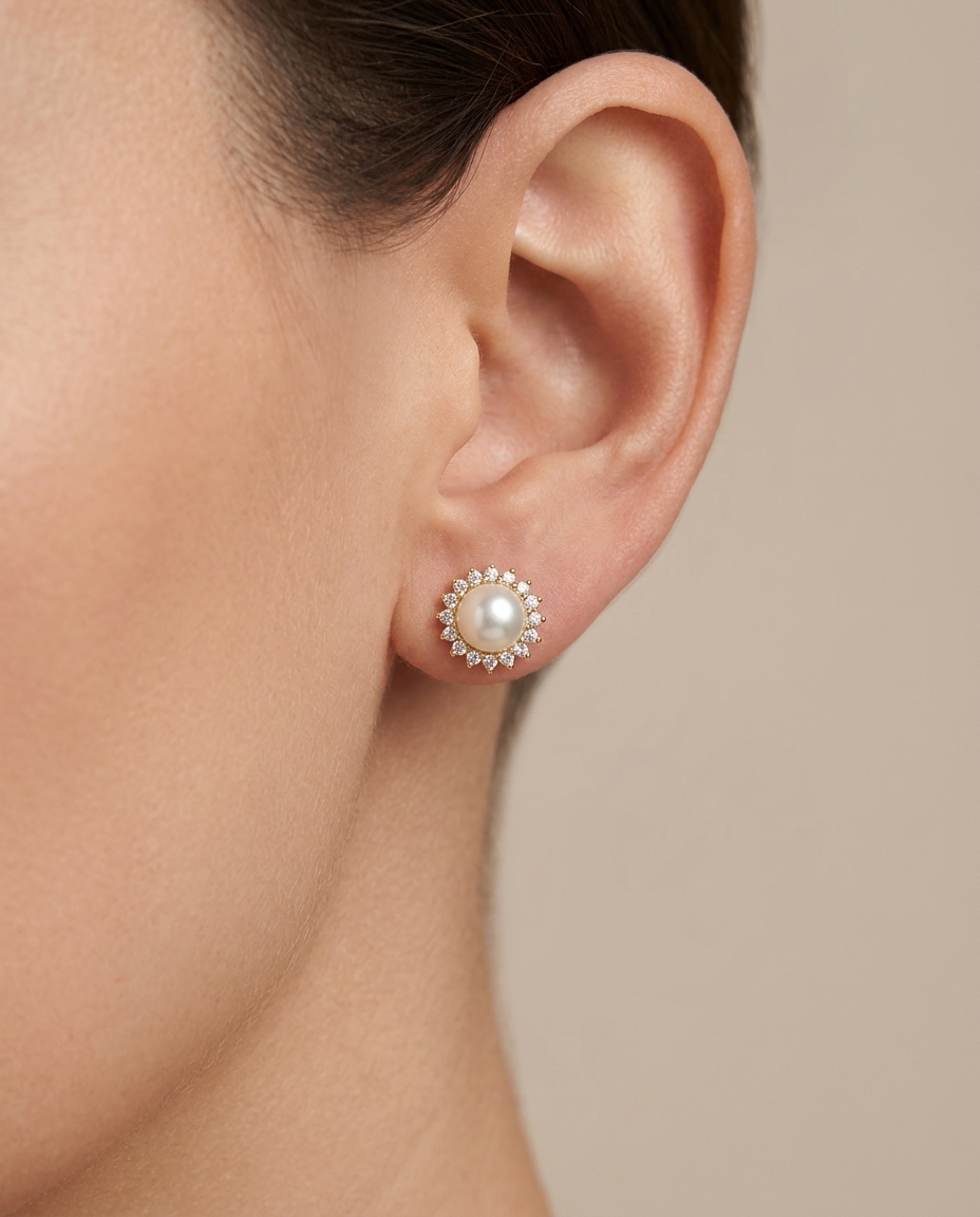 14KT Yellow Gold Fresh Water Pearl and Diamond Earring view 2