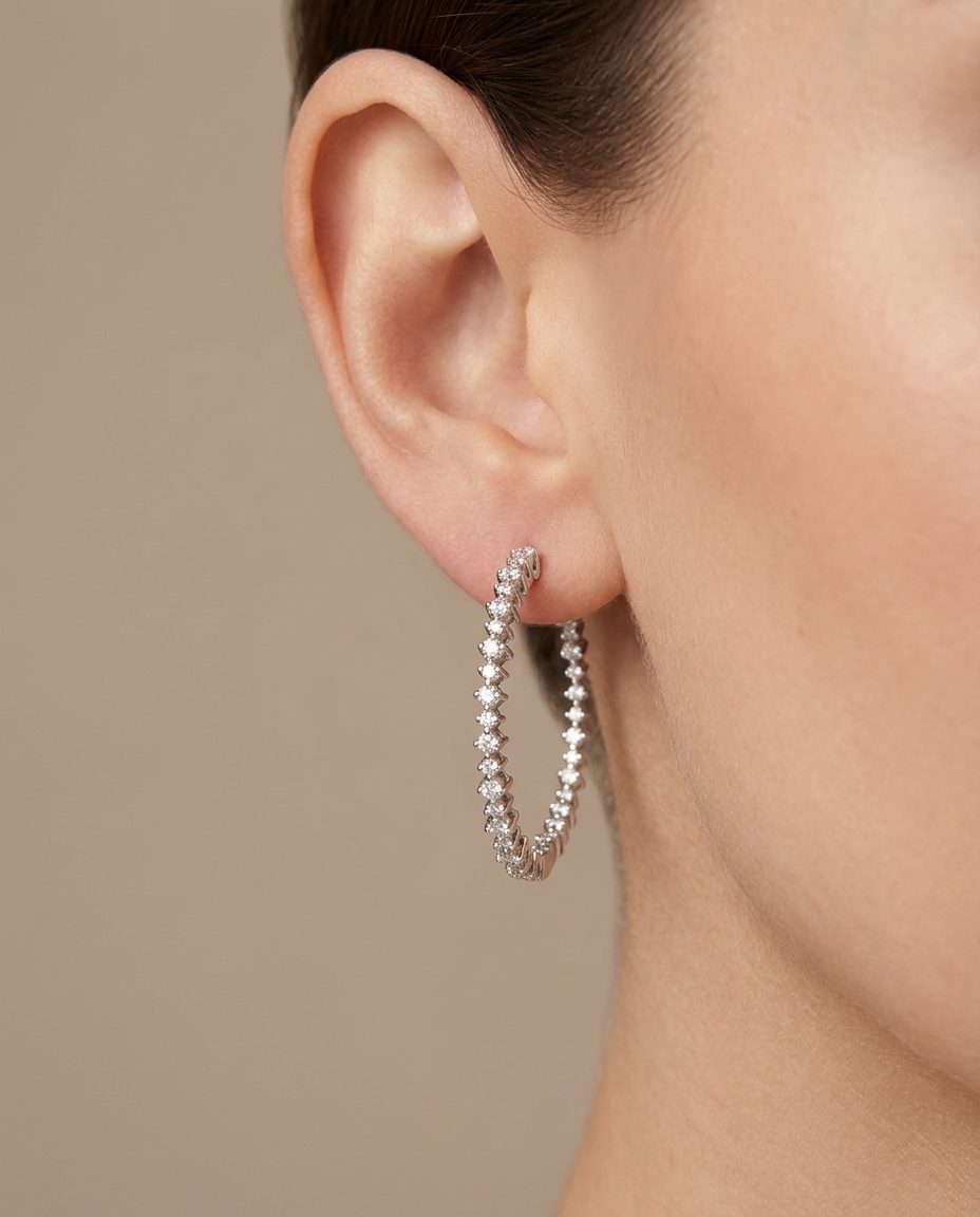 14KT White Gold Diamond Hoop Earring view 2