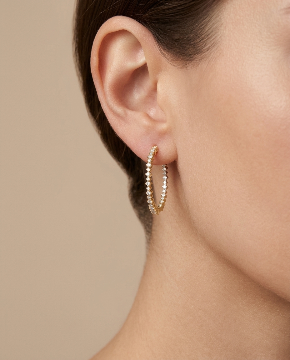 14KT Yellow Gold Diamond Hoop Earring on model