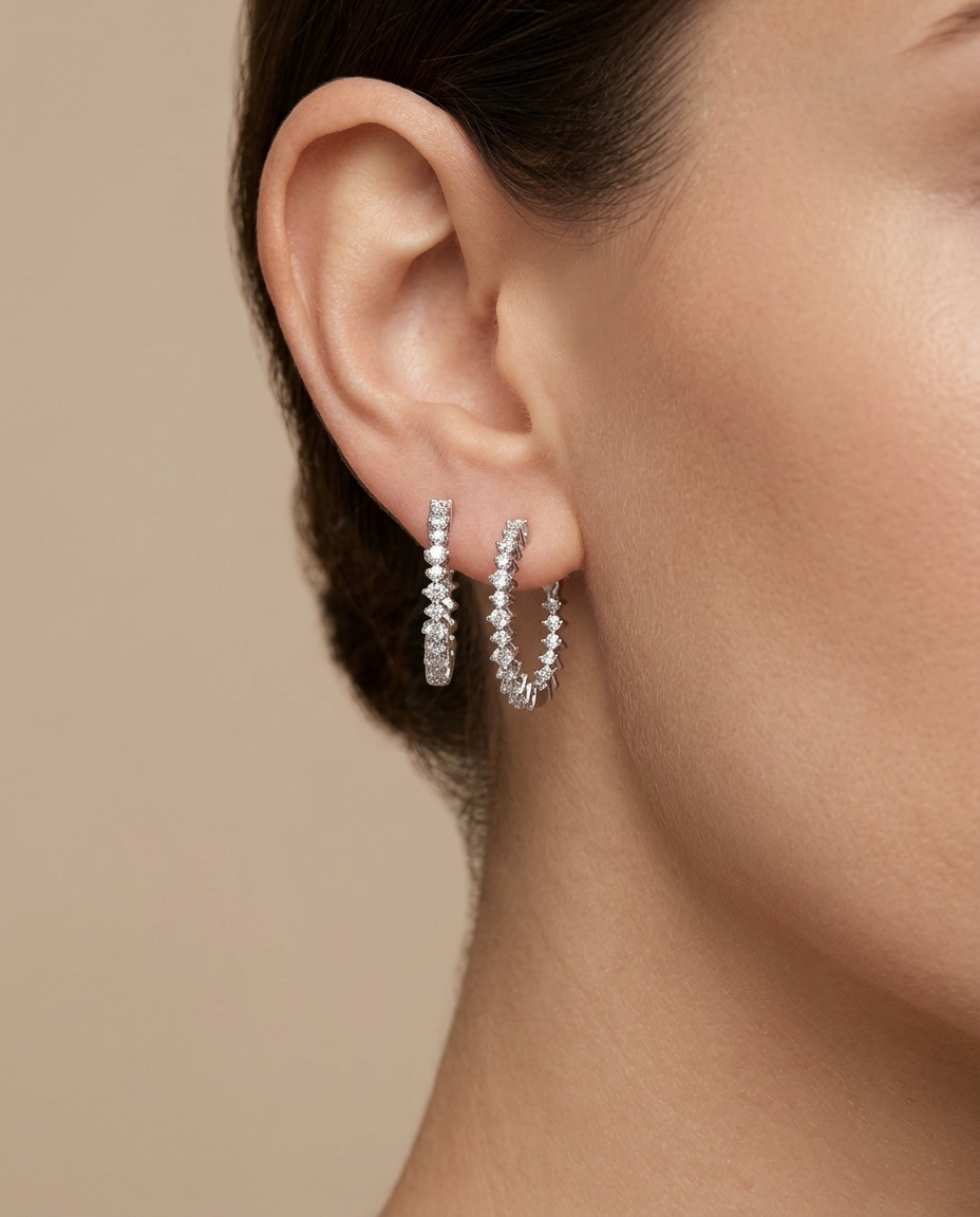 14KT White Gold Diamond Hoop Earring view 2