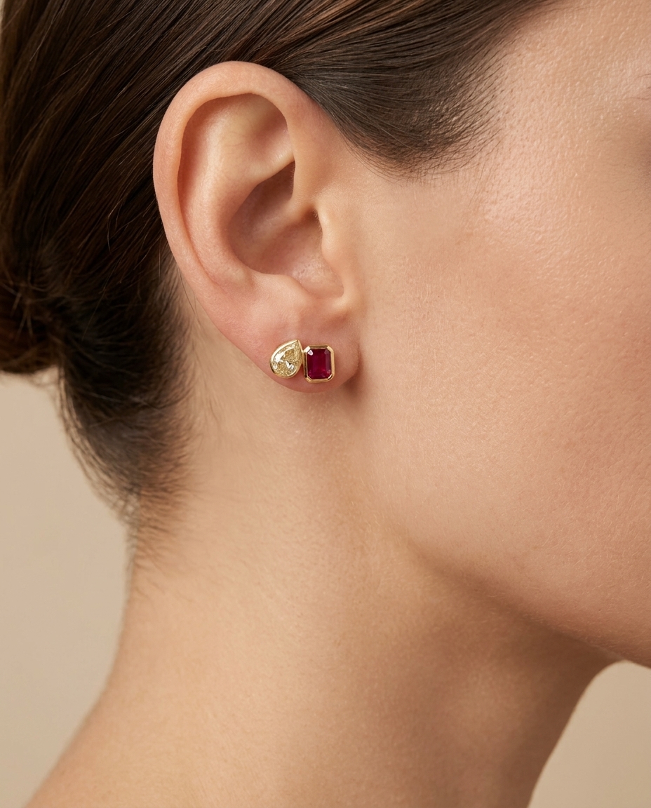 14KT Yellow Gold Ruby and Yellow Diamond Earring view 2
