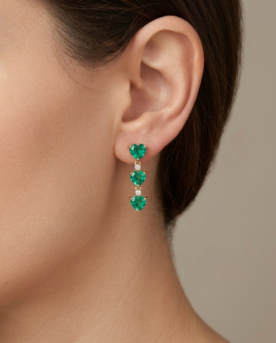 14KT Yellow Gold Emerald and Diamonds Earring on model