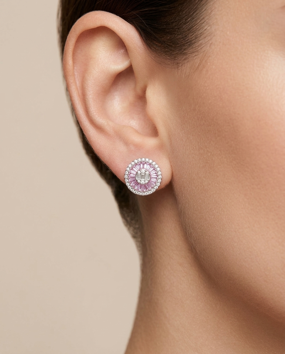 14KT White Gold Pink Sapphire and Diamonds Round Earings on model