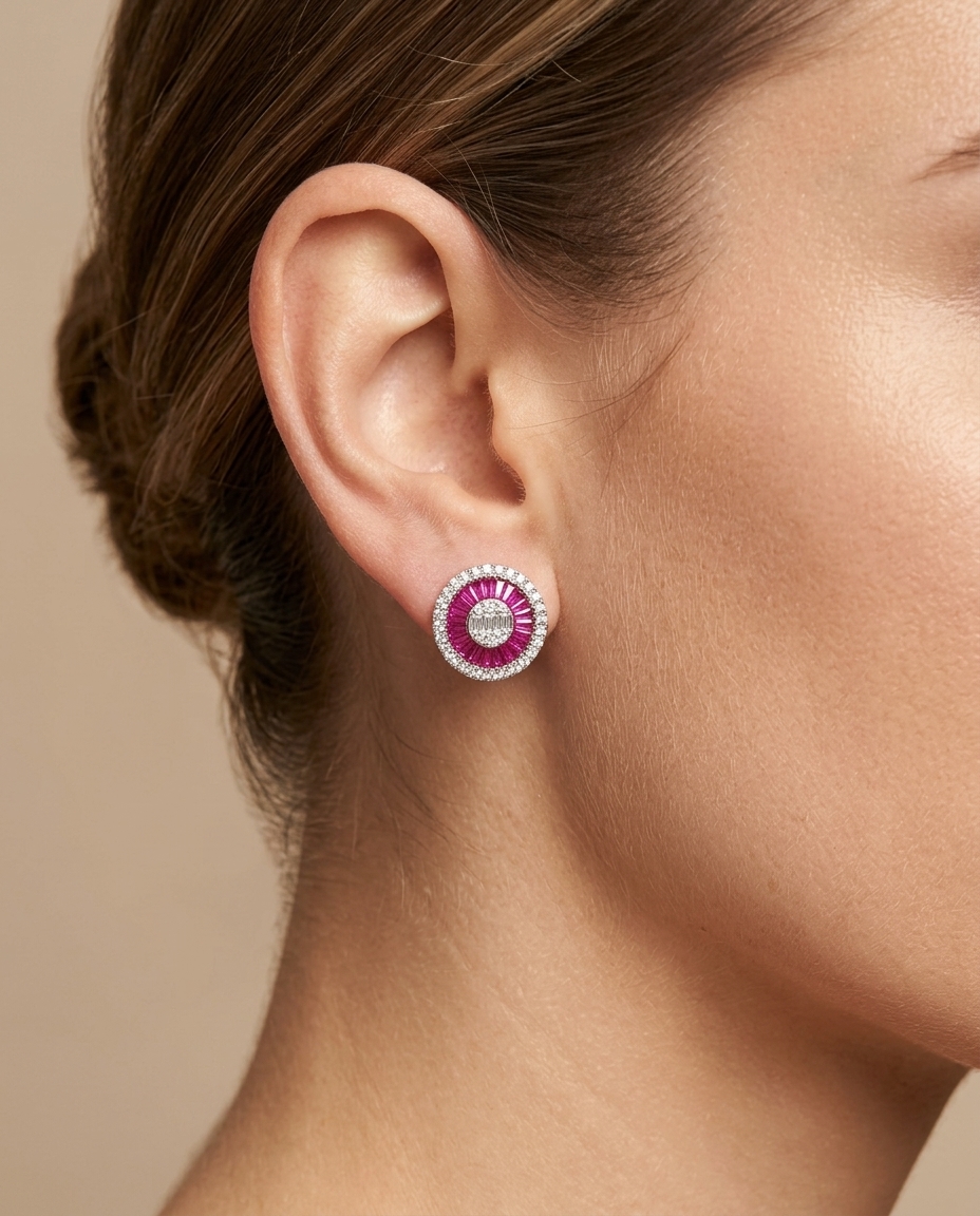 14KT White Gold Ruby and Diamonds Round Earings view 2