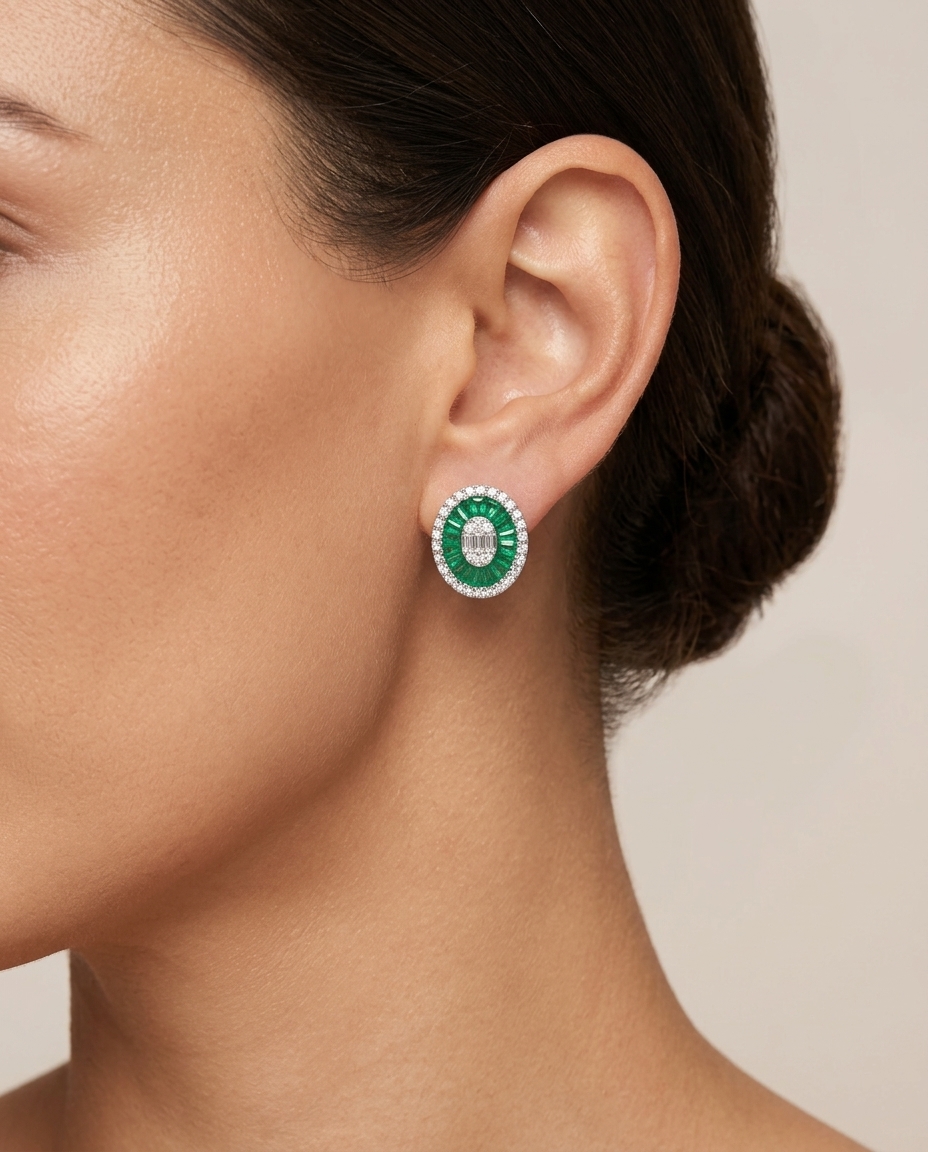 14KT White Gold Emerald and Diamonds Oval Earings view 2