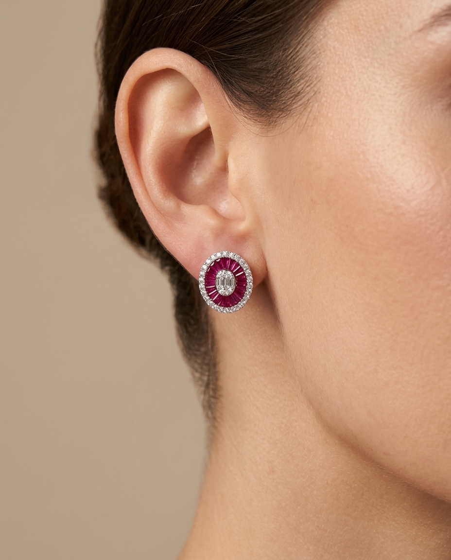 14KT White Gold Ruby and Diamonds Oval Earings view 2