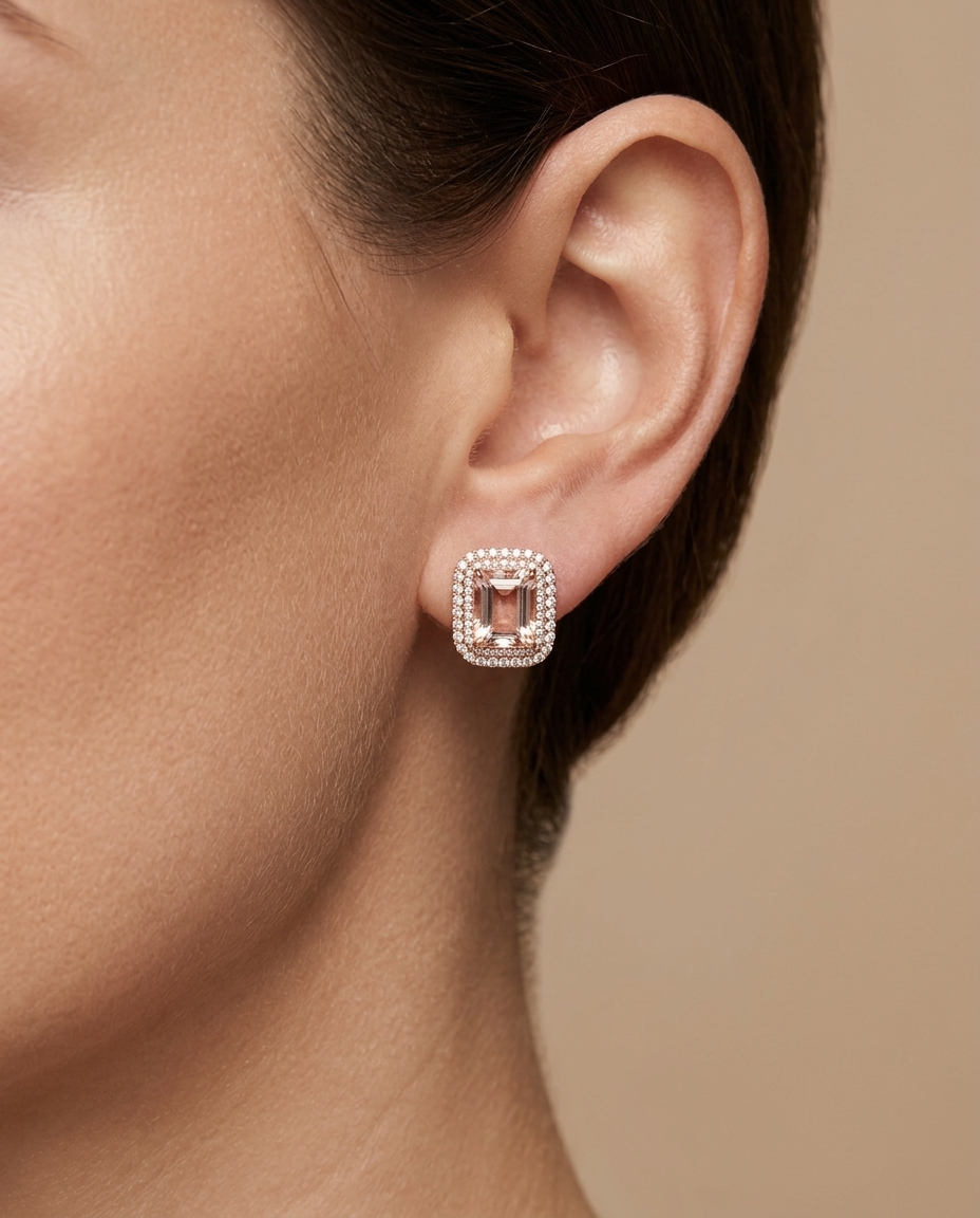 14KT Rose Gold Morganite and Diamonds Earring on model