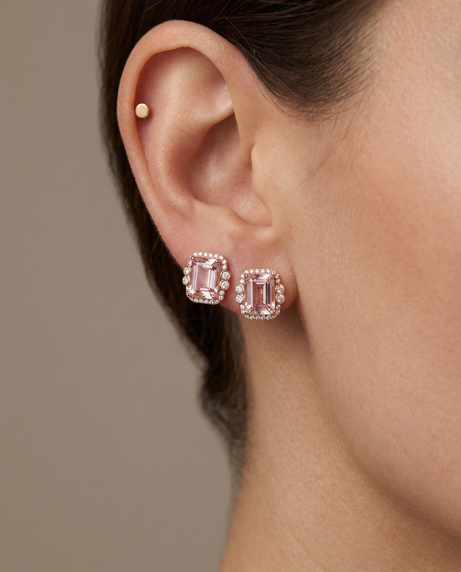 14KT Rose Gold Morganite and Diamonds Earring on model