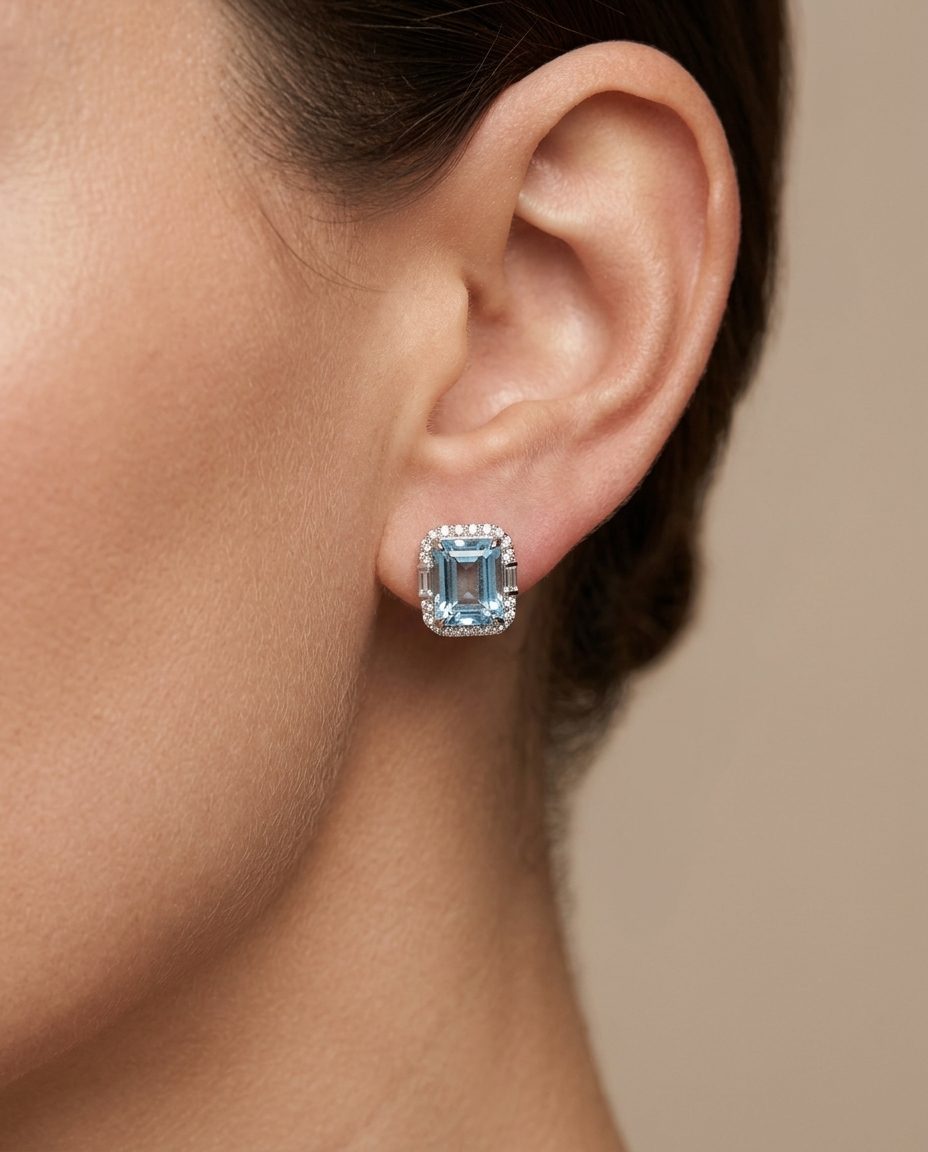 14KT White Gold Aquamarine and Diamonds Earring view 2