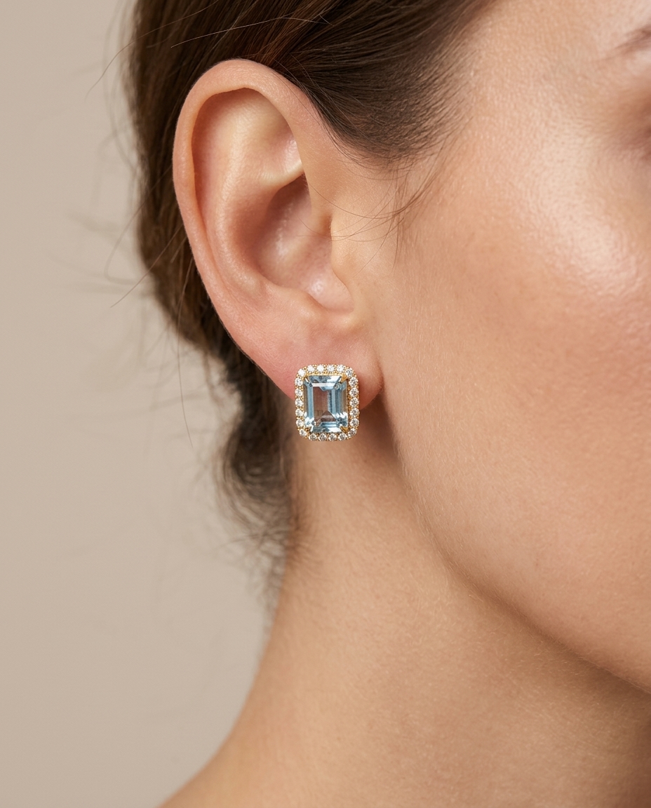 14KT Yellow Gold Aquamarine with Diamonds Earring on model