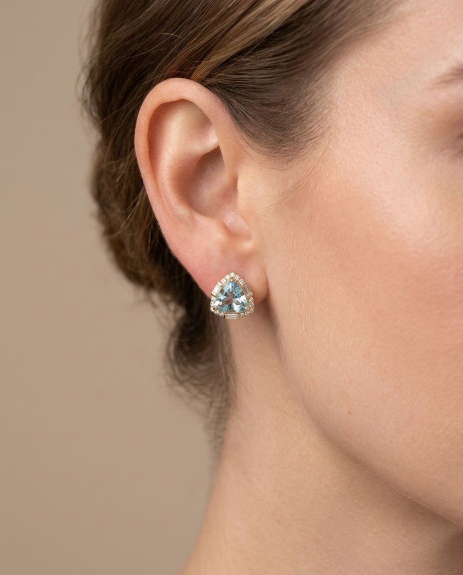 14KT Yellow Gold Aquamarine with Diamonds Earring on model