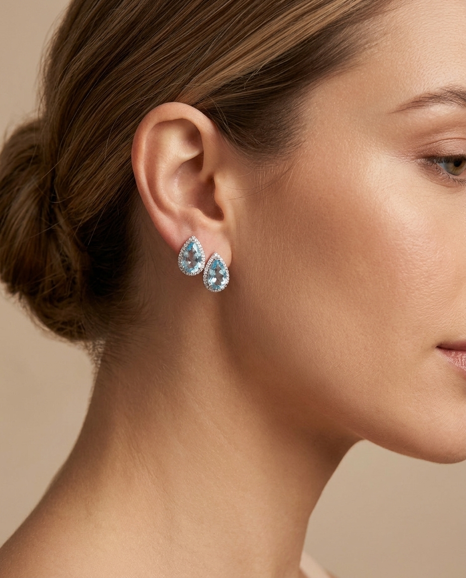 14KT White Gold Teardrop Aquamarine and Diamonds Earring view 2