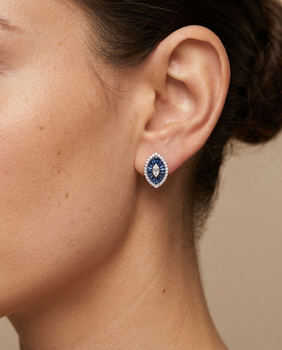 14KT White Gold Blue Sapphire and Diamonds Marquise Earring on model