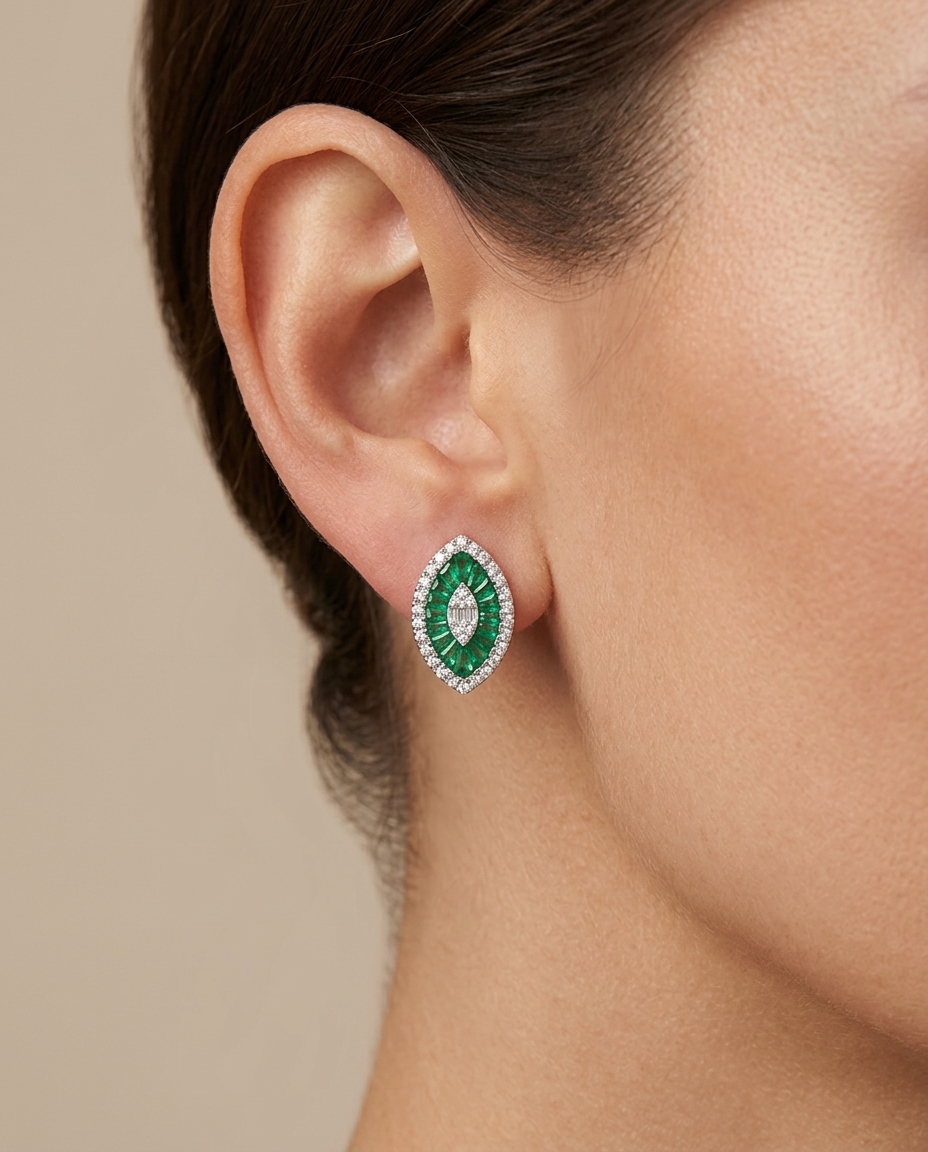 14KT White Gold Emerald and Diamonds Marquise Earring view 2