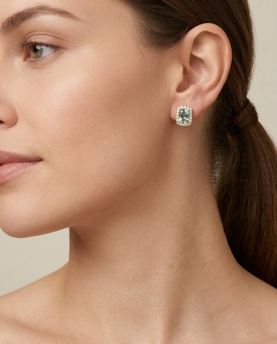 14KT Gold Aquamarine with Diamonds Earring on model