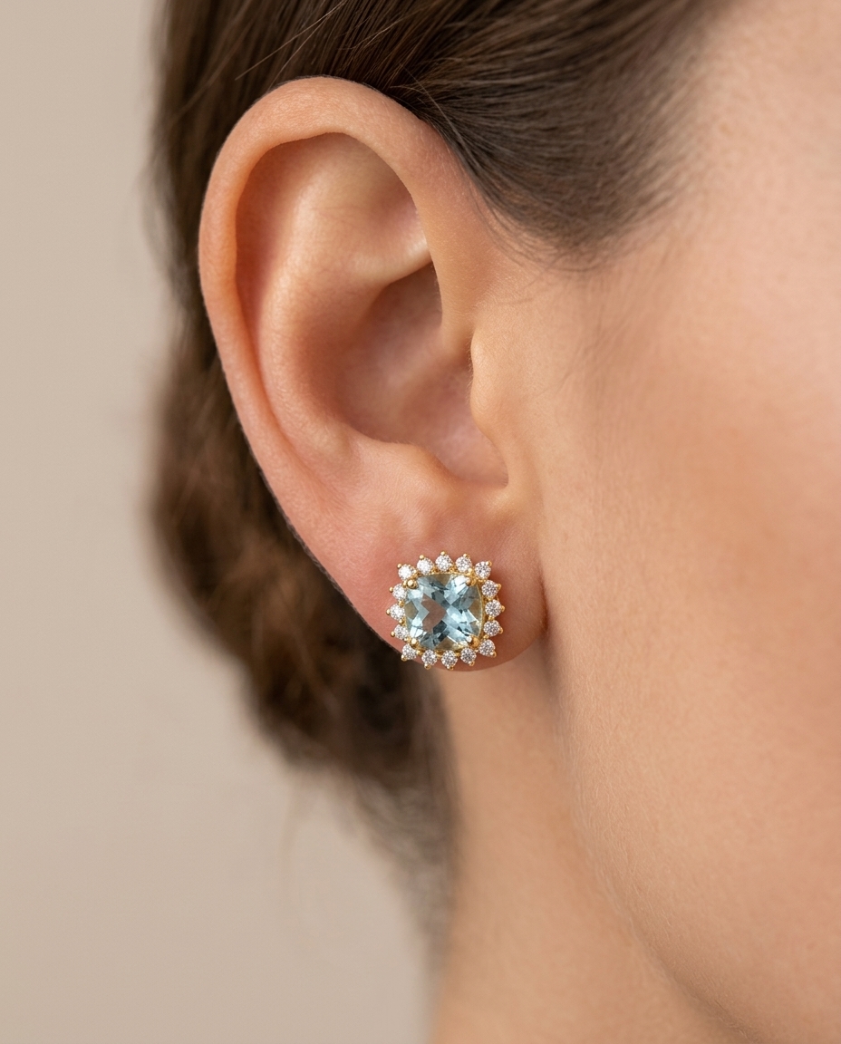 14KT Gold Aquamarine and Diamonds Stud Earring view 2