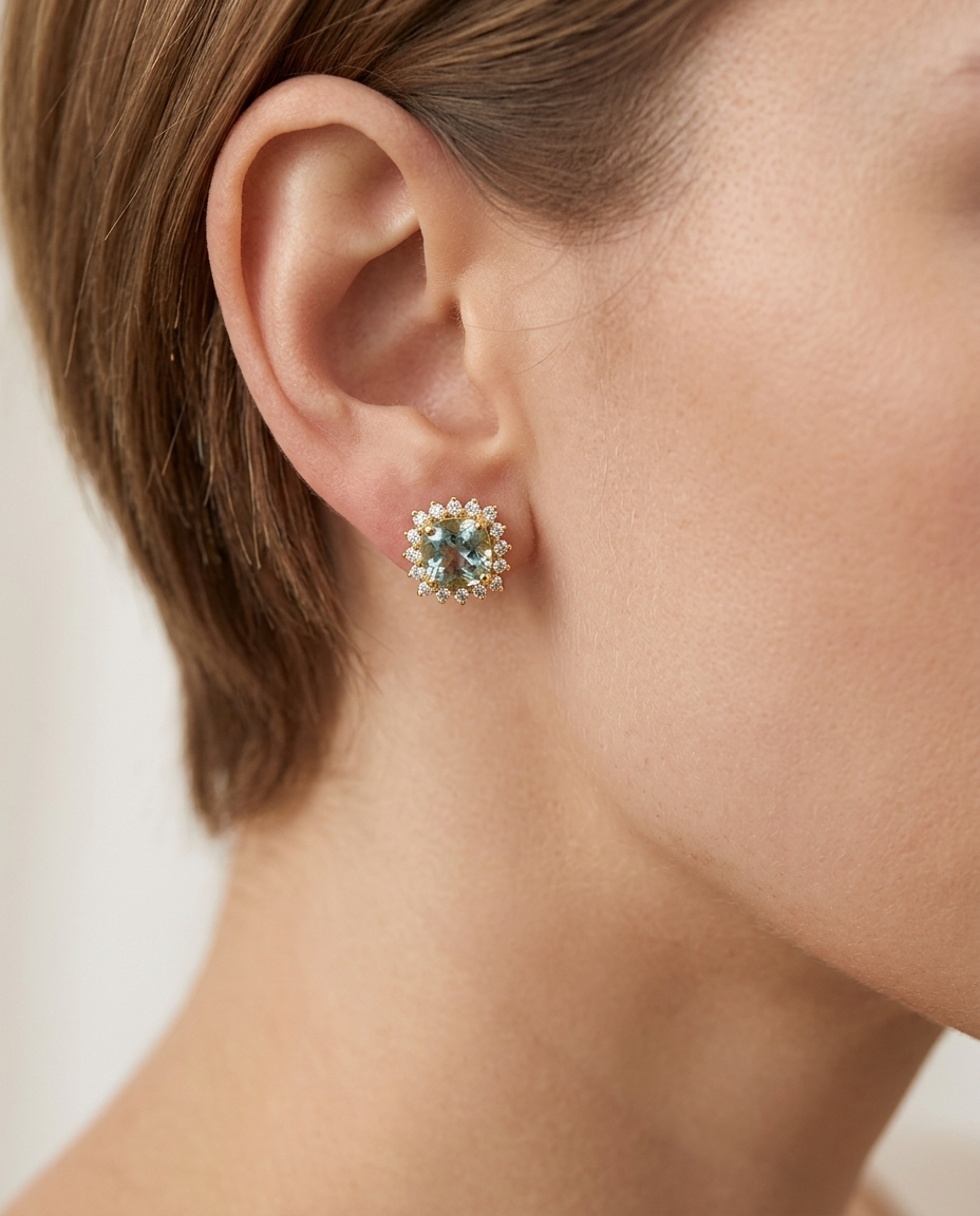 14KT Gold Aquamarine and Diamonds Stud Earring view 2