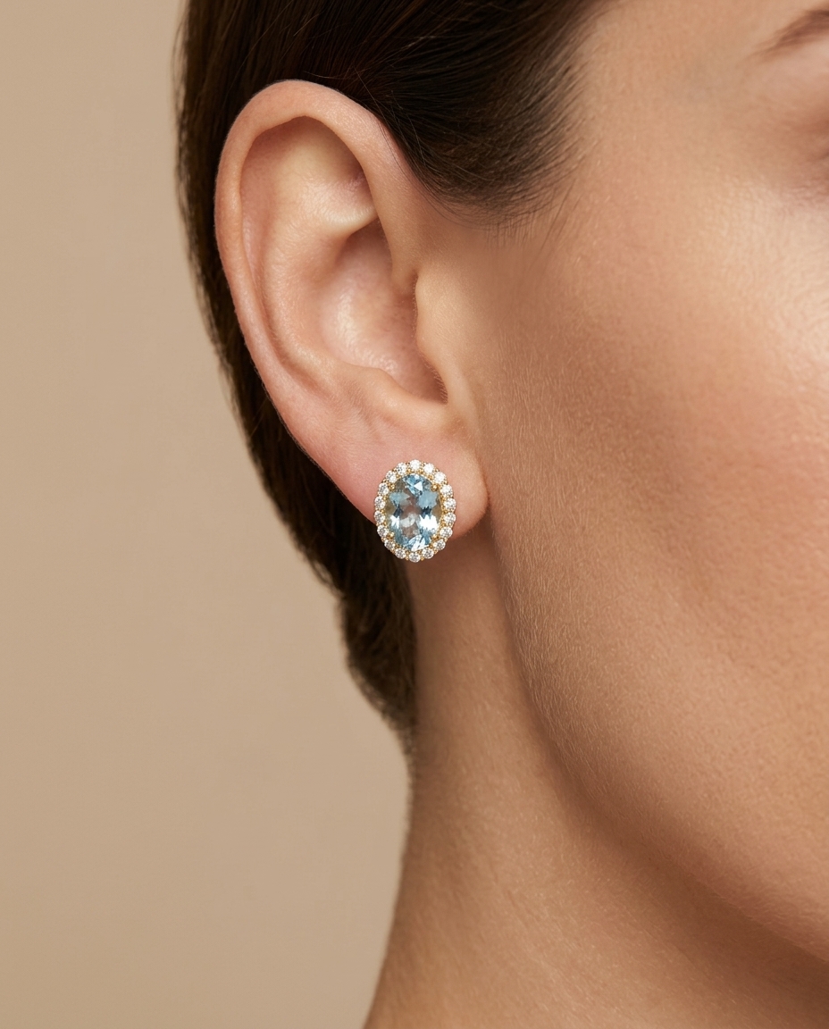 14KT Gold Aquamarine with Diamonds Earring on model