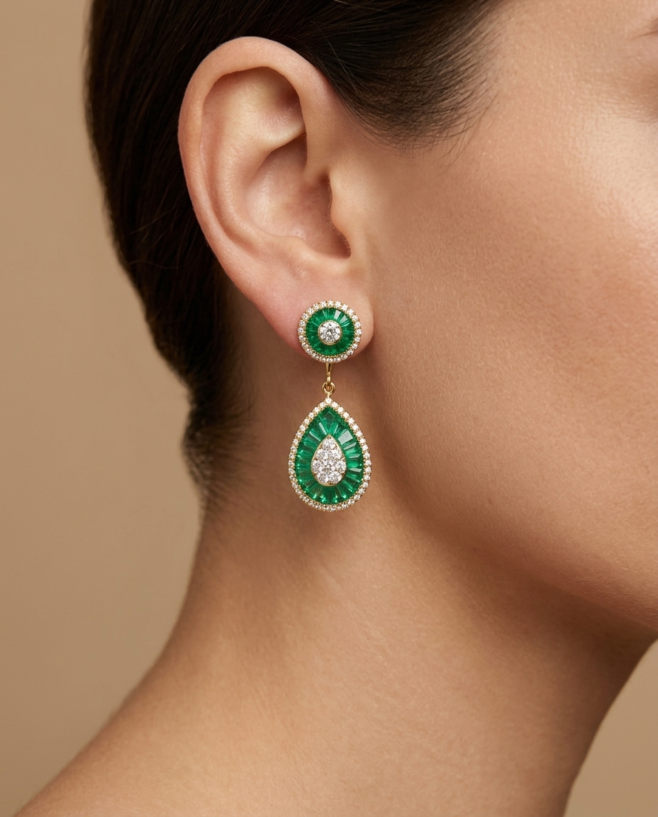 14KT Gold Emerald and Diamond Earring on model