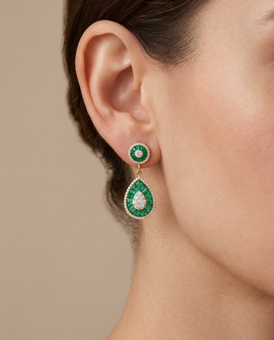14KT Gold Emerald and Diamond Earring view 2