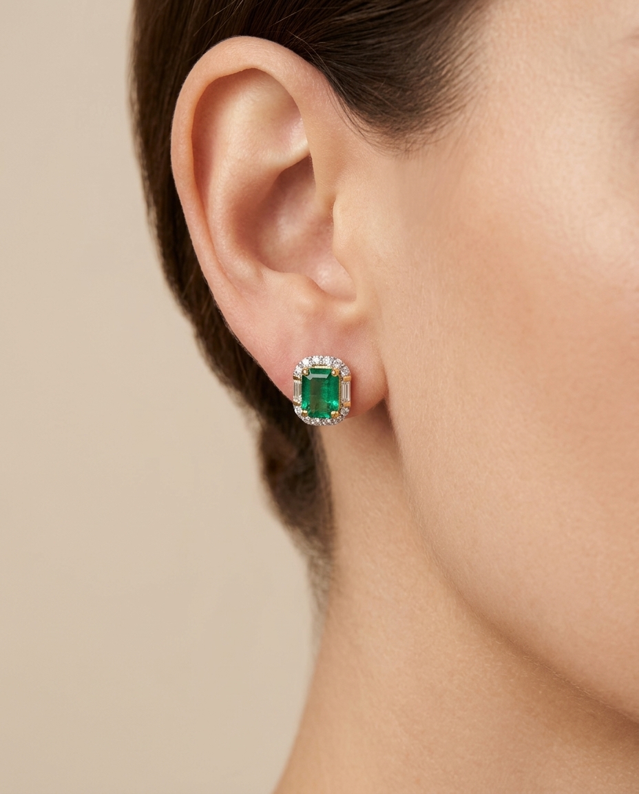 14KT Gold Diamond and Emerald Earring Studs (6X8 MM) on model