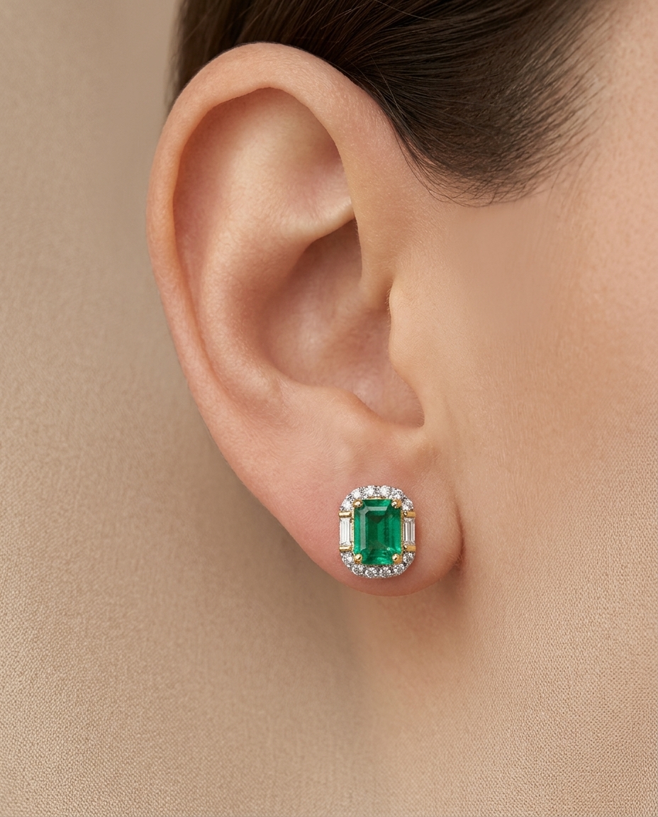 14KT Gold Diamond and Emerald Earring Studs (6X8 MM) on model