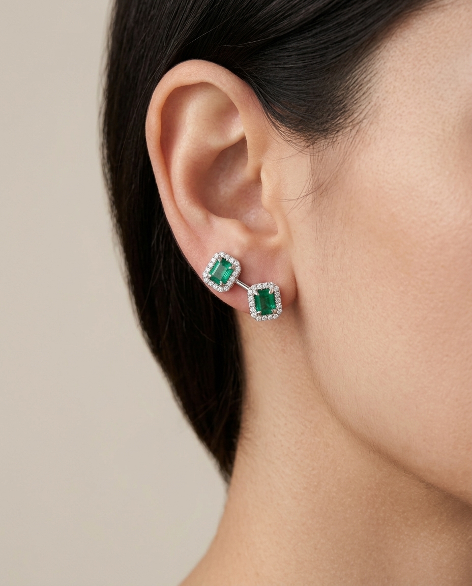 14KT Gold Diamond and Emerald Earring (6.5X7.5 MM) view 2