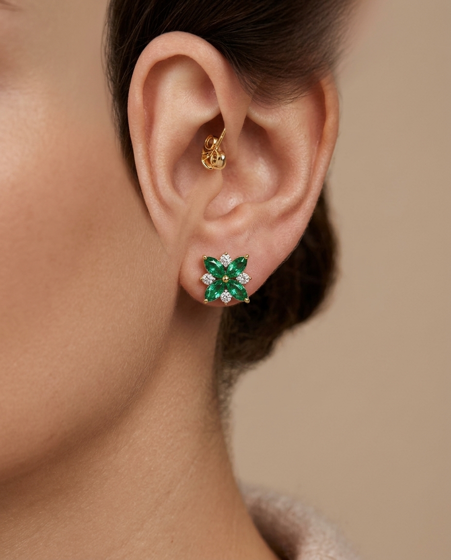 18K Gold Emerald and Diamond Earring on model