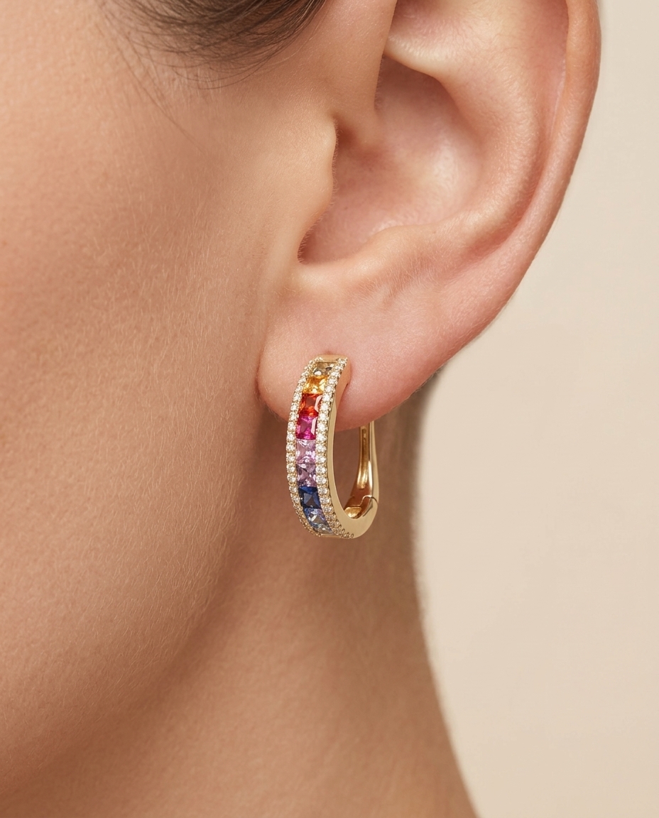18KT Gold Multi Sapphire and Diamond Earring on model