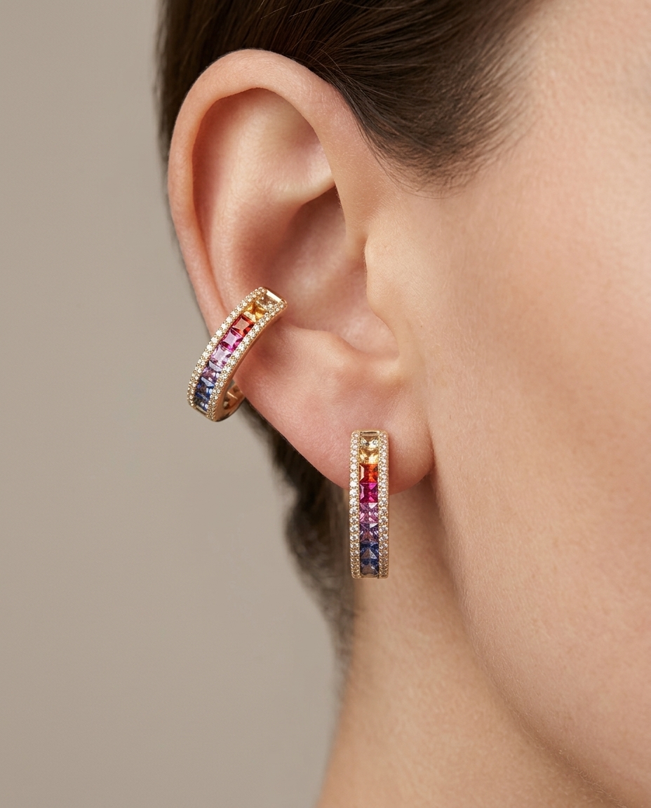 18KT Gold Multi Sapphire and Diamond Earring on model