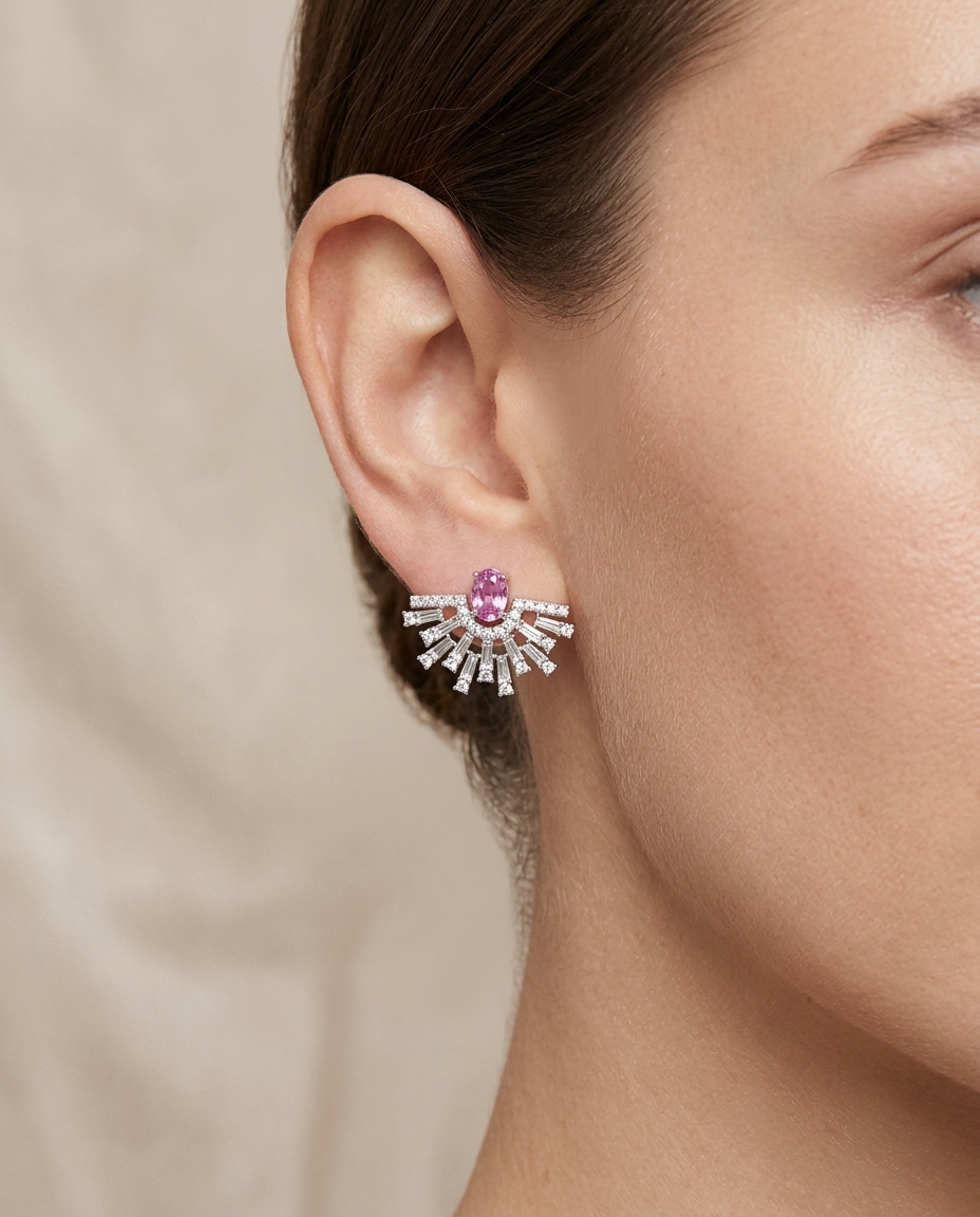 18KT White Gold Pink Sapphire and Diamond Earring view 2