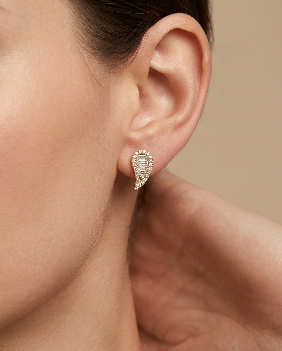 18K Yellow Gold Diamond Earring on model